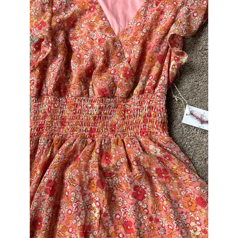 Women's Jessica Simpson M Coral Orange Floral Smocked Midi Dress - Picture 3 of 7